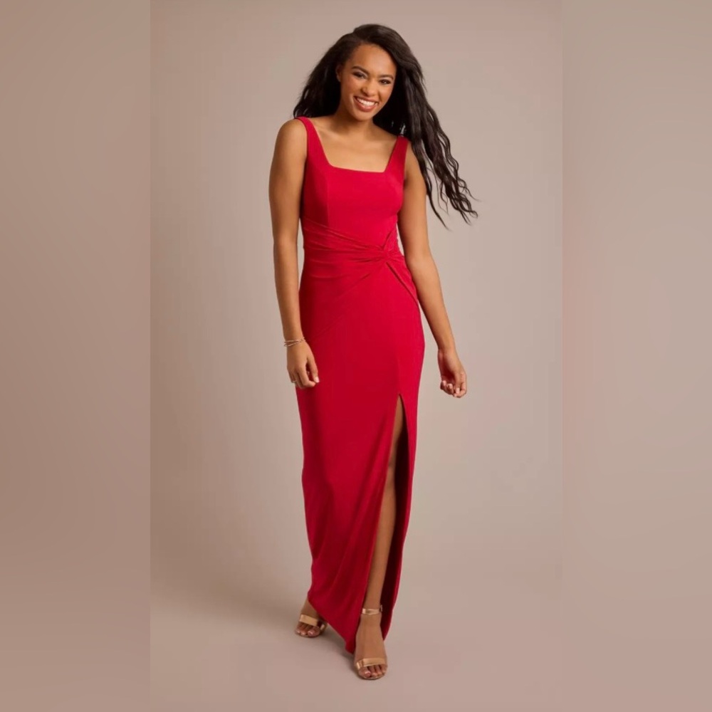 Jersey Knotted Twist -Waist Square Neck Evening Dress